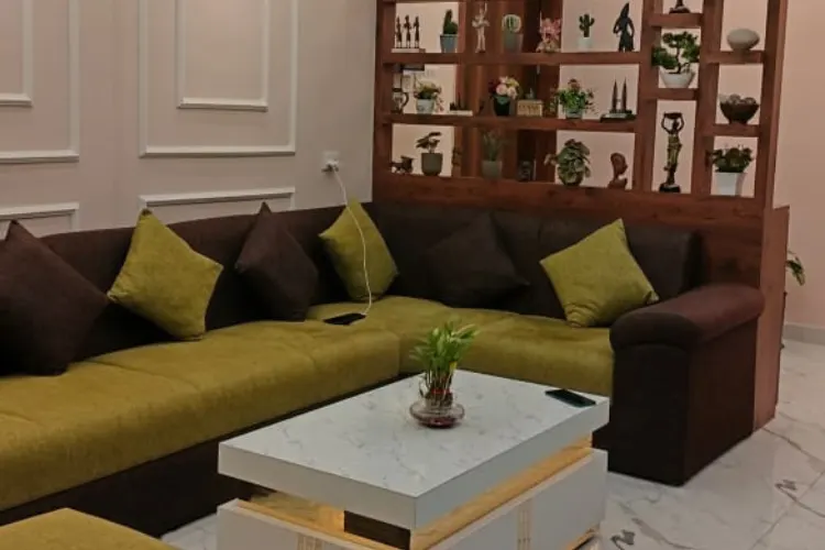 Stylish Living Room with Wooden Partition and Decorative Accents
