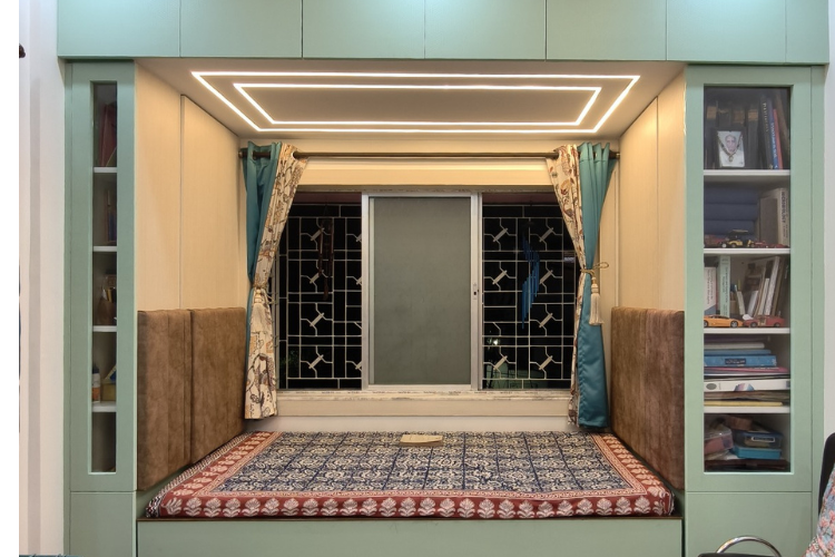 Cozy Window Seating with LED False Ceiling and Built-in Storage