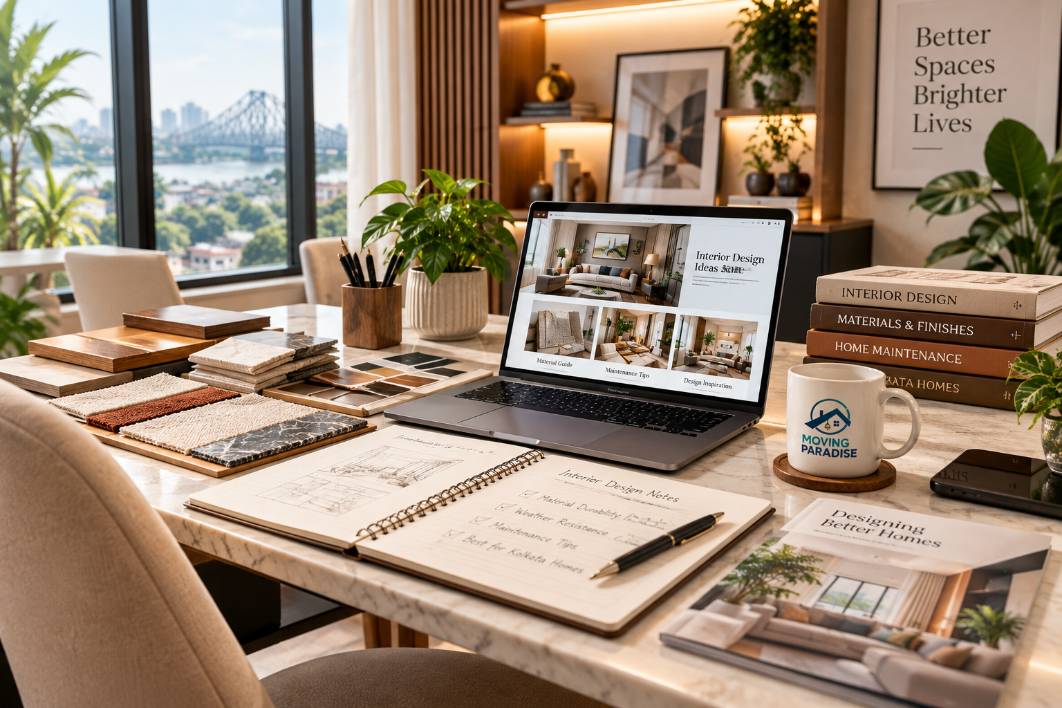 A clean home office setup used for researching interior design and material maintenance tips.