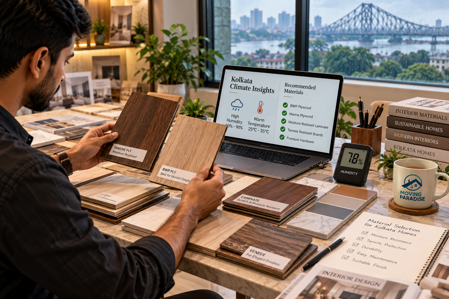 A designer evaluating wood samples for durability in Kolkata's humid climate conditions.