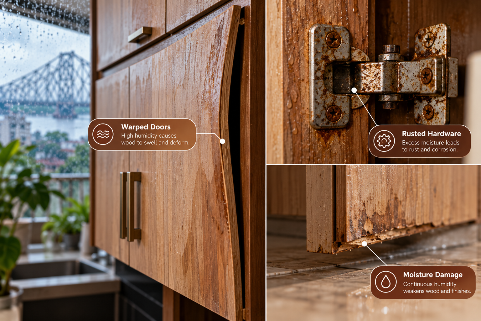 Close-up view of warped wooden cabinet doors and rusted hardware caused by high humidity.