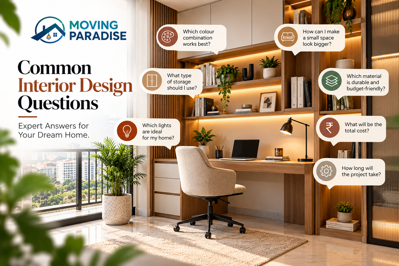 A clean and modern home office corner representing common interior design questions.