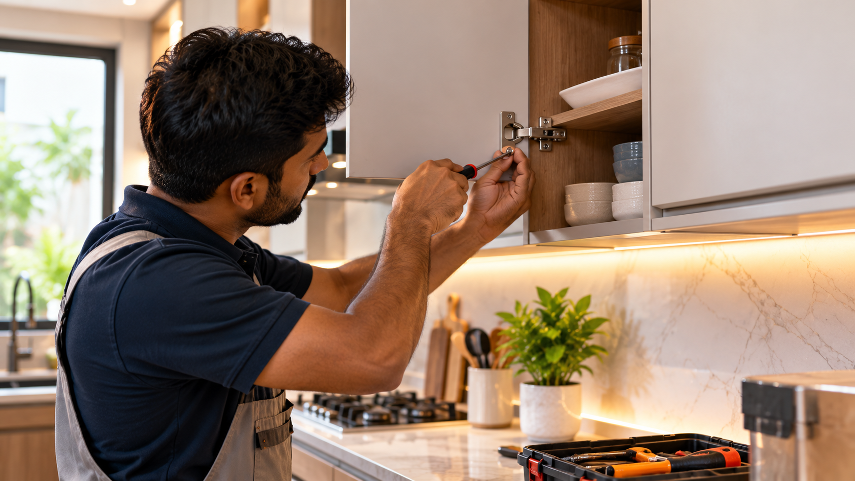 A carpenter performing maintenance on kitchen cabinet hinges to fix sagging doors.