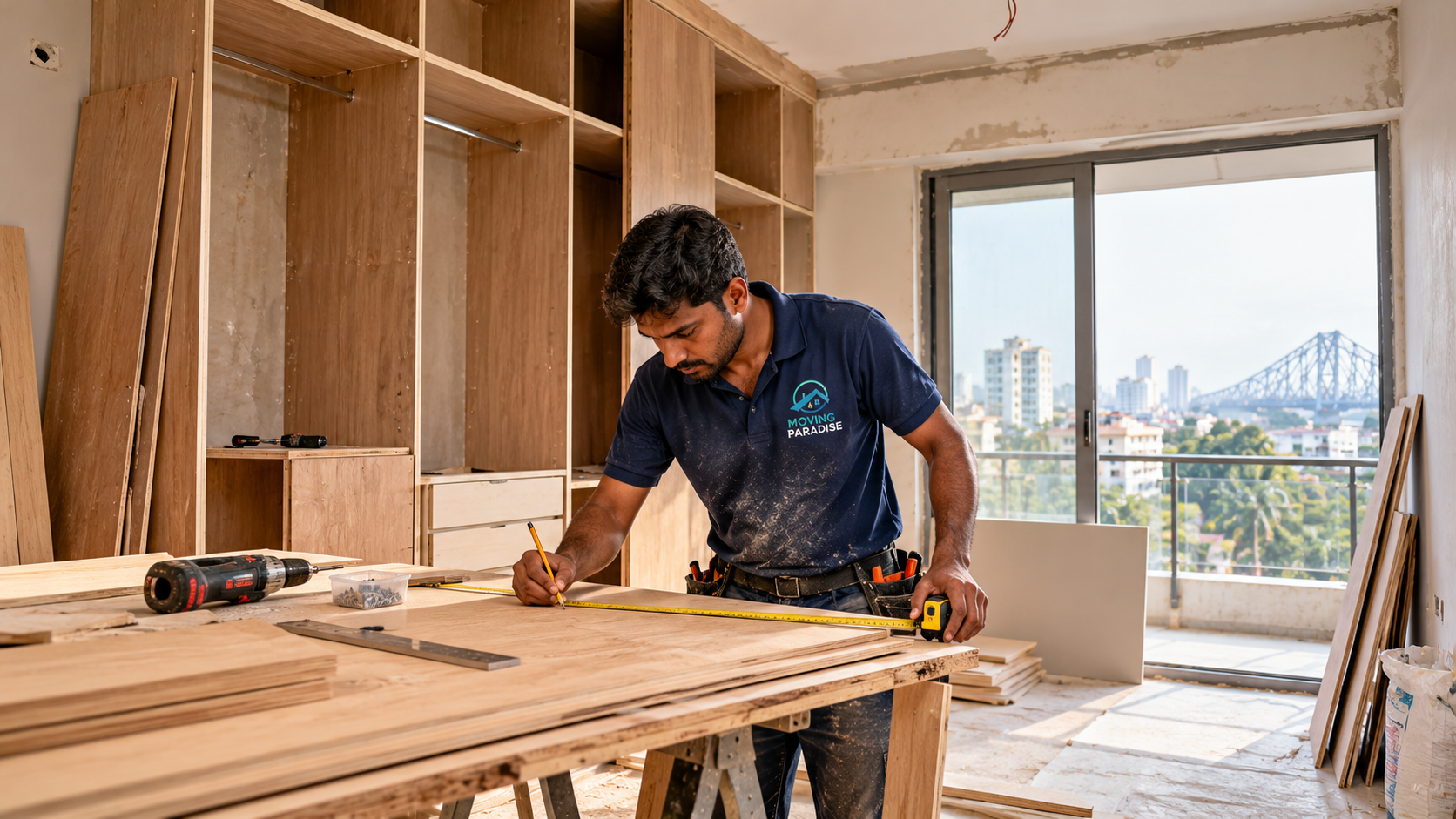 Carpenter Installing Wardrobe by City Window