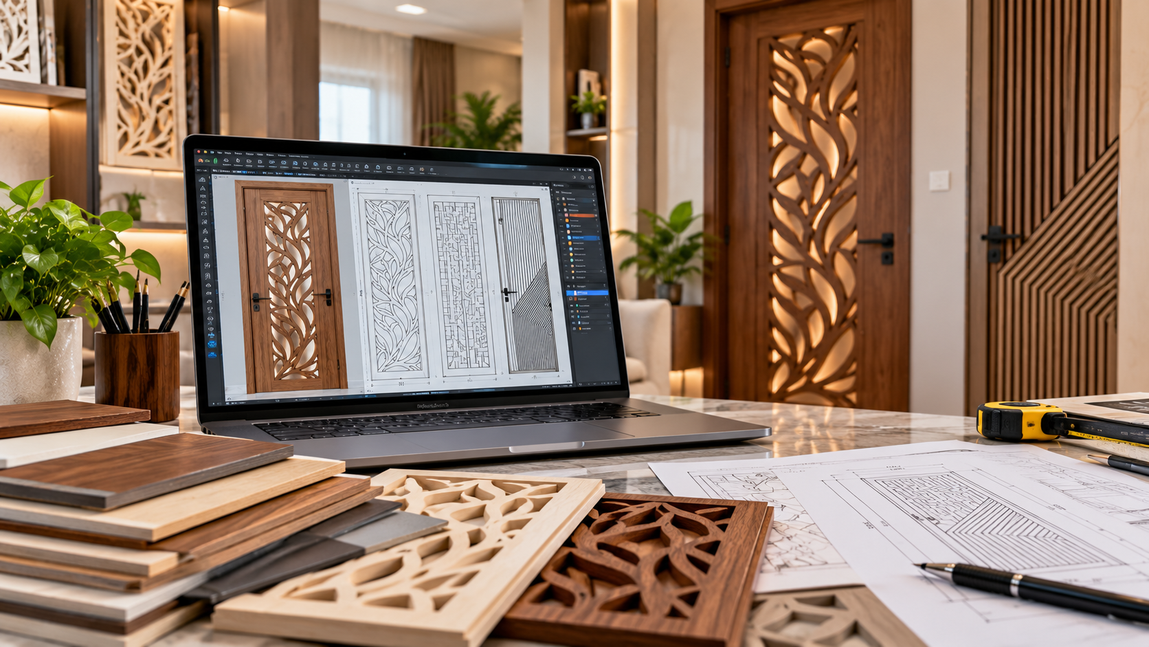 A laptop showing a digital CNC design file next to material samples.