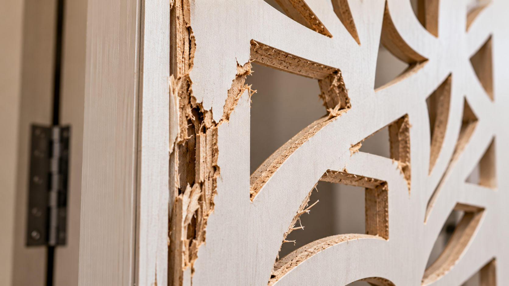 A close-up of a damaged CNC door panel showing splintered wood and poor cuts.