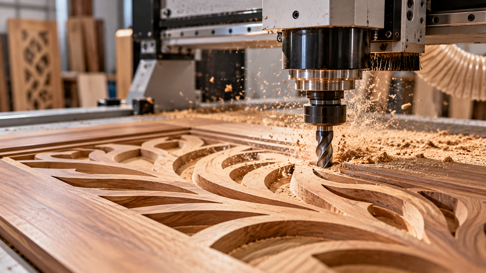 A precision CNC router bit carving a detailed design into a wooden door.