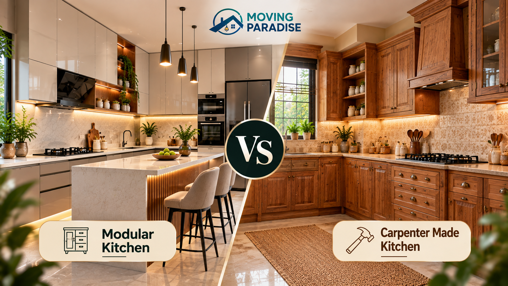 Professional interior shot comparing modular kitchen systems with traditional carpenter-built wooden cabinets.