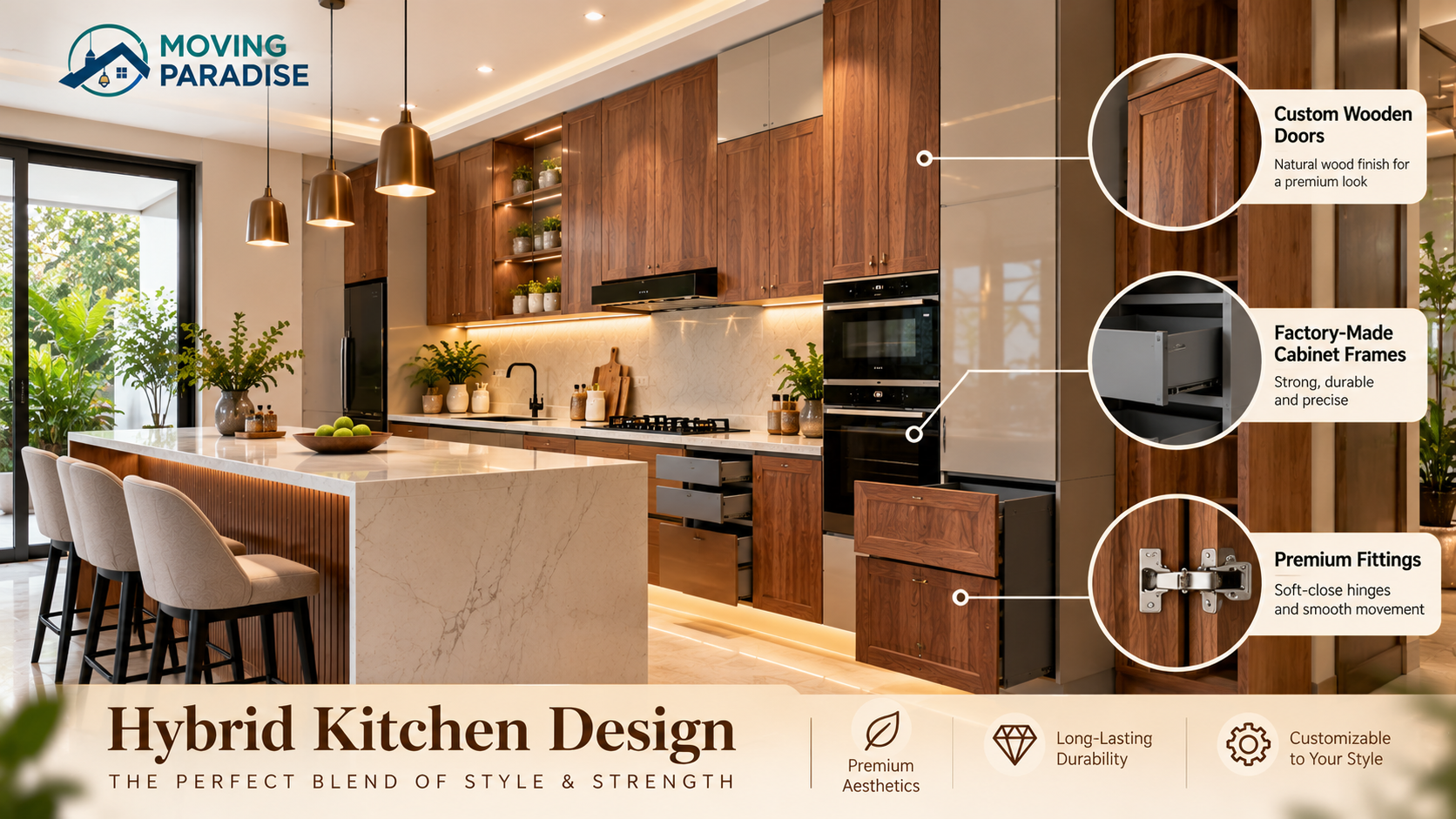 Hybrid kitchen design featuring custom wooden doors attached to factory-made cabinet frames.