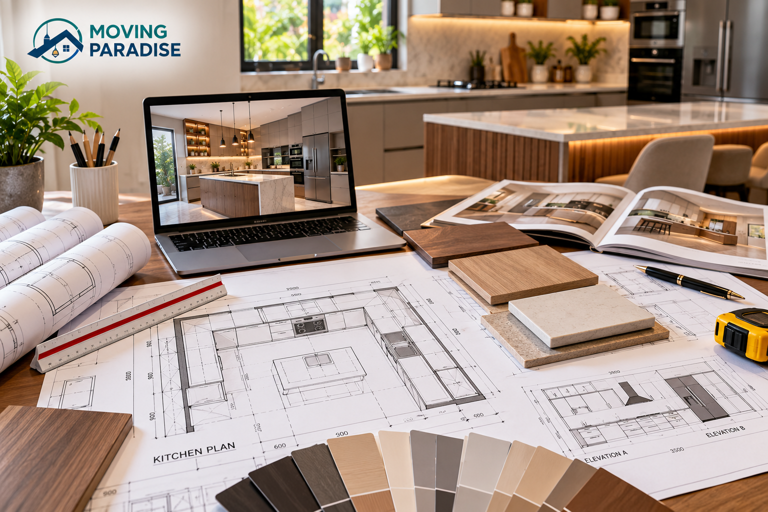 Architectural blueprints and design tools for planning a modern modular kitchen renovation.