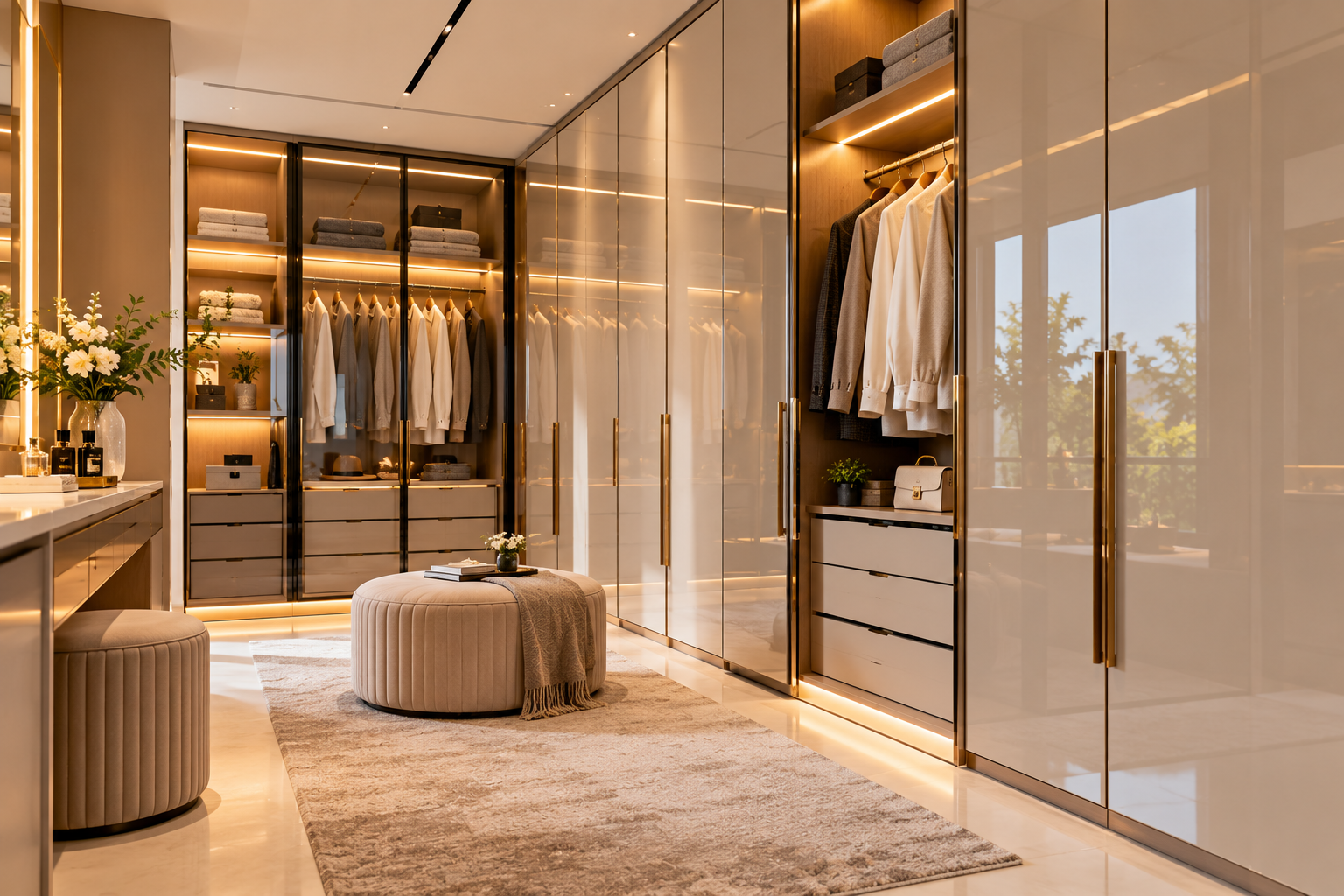 A bright organized closet space featuring a lacquered glass wardrobe interior.
