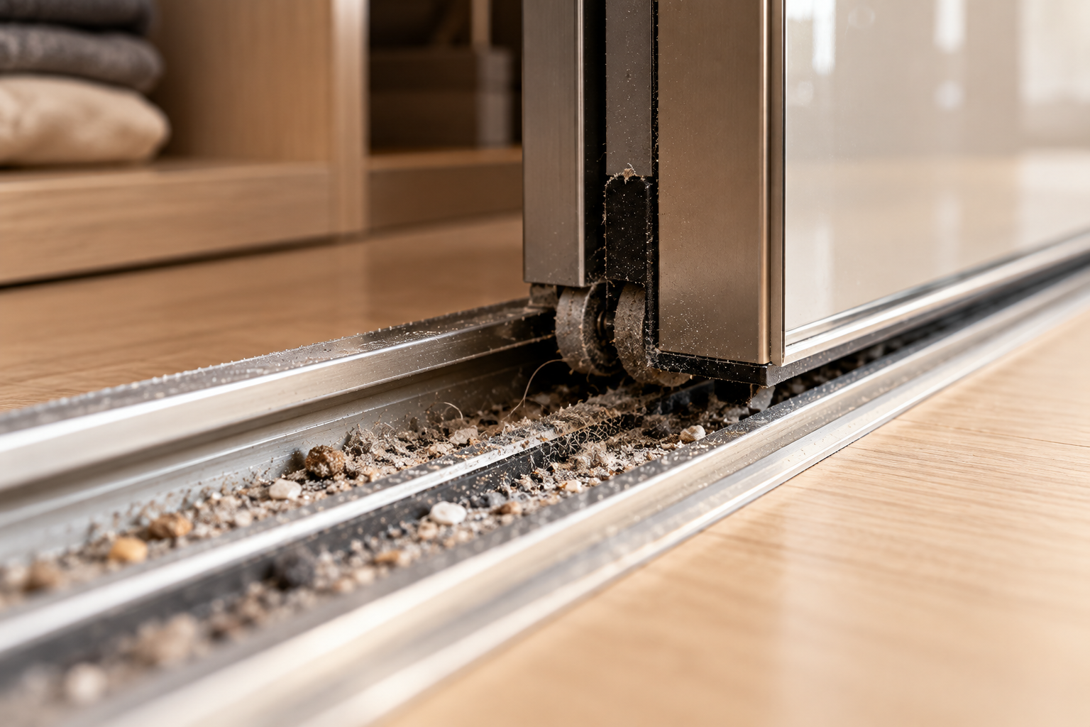 Macro view of dust debris inside a sliding wardrobe door track.