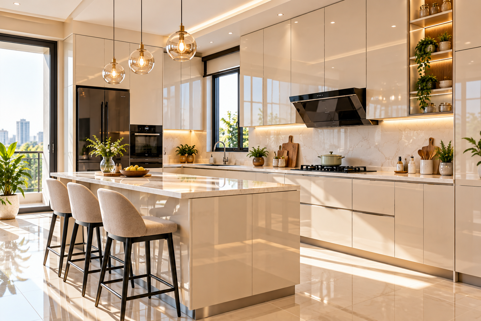 Sunlit Luxe Beige Kitchen with Island