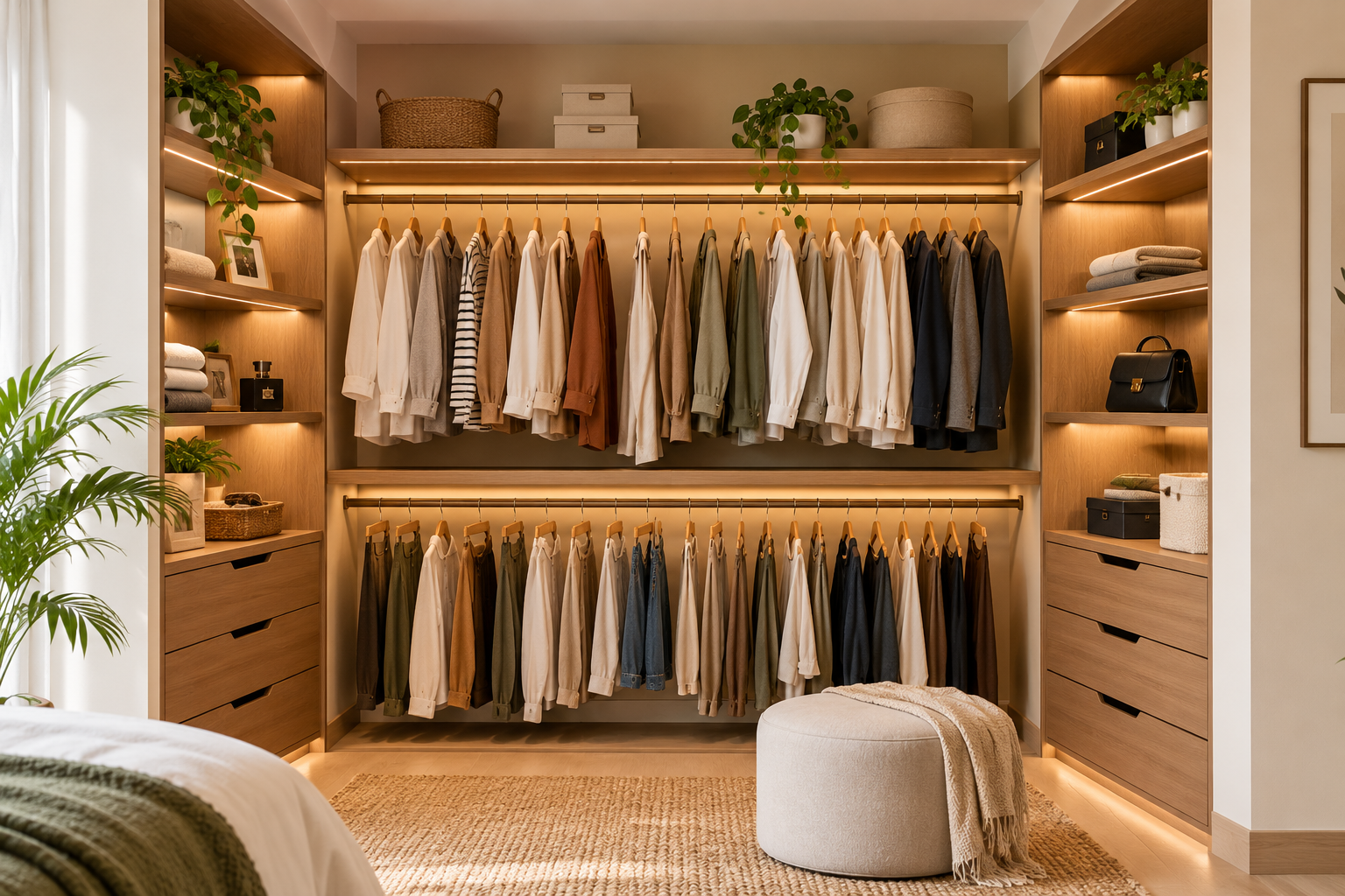 Warm Minimalist Walk-In Wardrobe