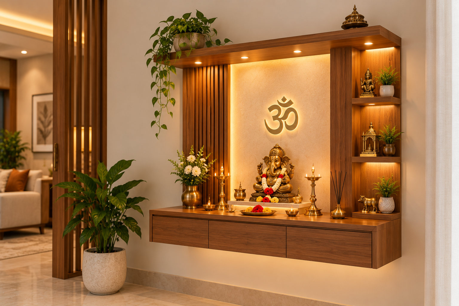 Warm Modern Puja Shrine alcove