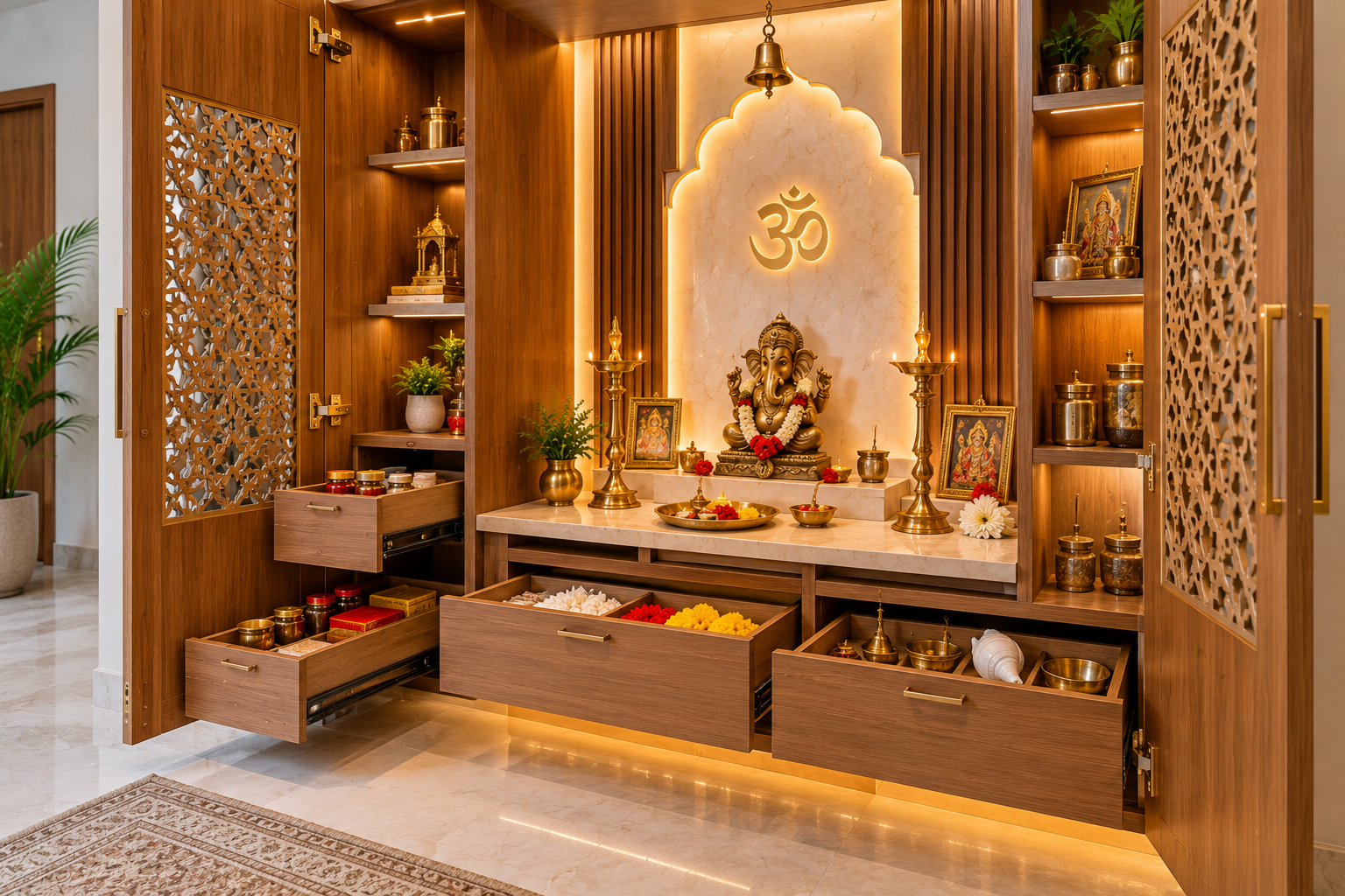 Warm Wooden Mandir with Brass Details
